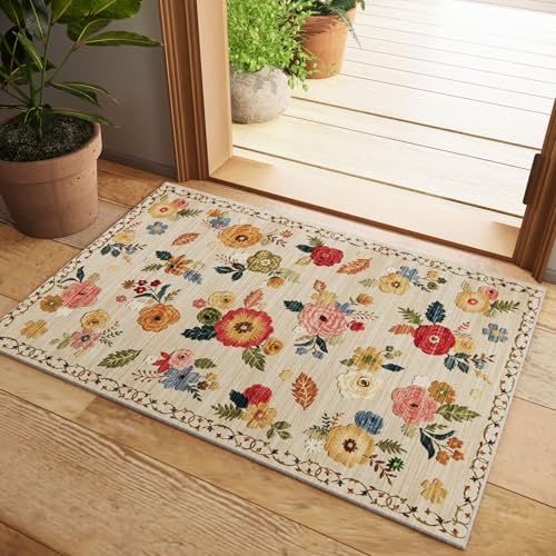 2x3 Small Area Rugs for Entryway: Washable Rug Non Slip Door Mat Indoor Entrance Faux Wool Soft Low Pile Floral Throw Rugs for Inside Front Door Floor Bedroom Kitchen Nursery Dorm Entry Home Office - color: Beige Floral, size: 2' x 3' (Rectangular)
