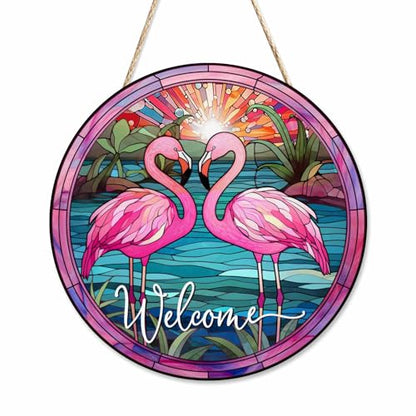 Welcome Porch Wood Sign Flamingos by The Sunset River Round Hanging Plaque Sign for Porch Yard, Housewarming Present, 12x12inch - color: Style 10