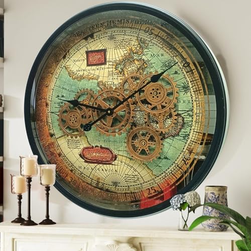 24'' Inch Round Real Moving Gear Wall Clock Portugal Line (Black Antique, 24 inches (60 cm))