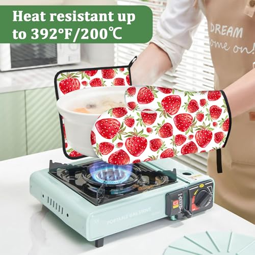 Watercolor Strawberry Oven Mitts and Pot Holders Set 4 Pcs Extra Long Heat Resistant Gloves Potholder for Baking, BBQ, Grilling - color: Watercolor Strawberry