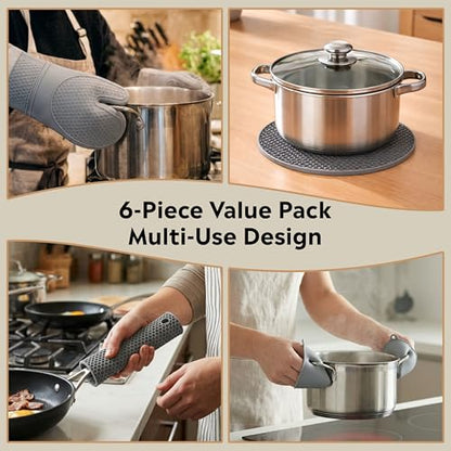 Silicone Oven Mitts and Pot Holders Sets, 6 Piece Kitchen Set | 2 Oven Mitts, 2 Mini Gloves, 2 Pot Holders, Heat Resistant Non Slip Silicone, Ideal for Cooking & Grilling - color: 2 Pot Holders, 2 Oven Mitts, 2 Mini Gloves