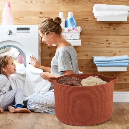 XUANGUO Extra Large Cotton Rope Round Storage Basket 22" x 14" Rustic | Woven basket for blankets, toys, towels, laundry, nursery, living room and pet toy storage. - color: rustic