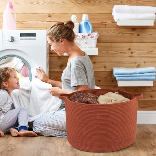 XUANGUO Extra Large Cotton Rope Round Storage Basket 22" x 14" Rustic | Woven basket for blankets, toys, towels, laundry, nursery, living room and pet toy storage. - color: rustic
