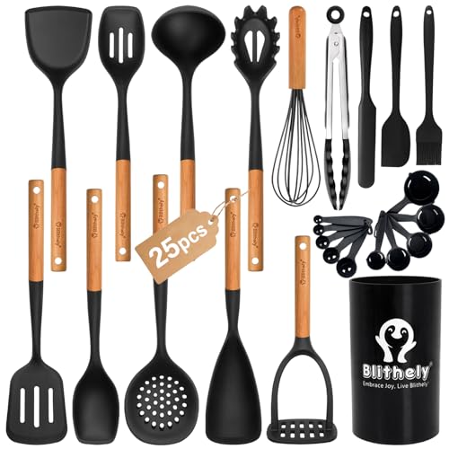 Large Silicone Kitchen Utensils Set with Holder, 25Pcs Cooking Utensil Set with Wooden Handle, Heat Resistant Spatula Sets for Cooking, BPA Free Silicone Utensils Set for Non-Stick Cookware(Black) - color: Black