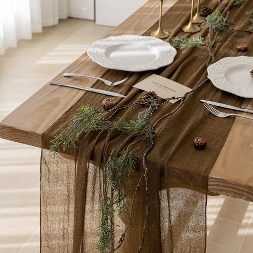3Pcs Coffee Cheesecloth Table Runner 120 Inches for Party Home Decor | For Wedding Baby Shower Bridal Shower Birthday Engagement Party 10FT Rustic Boho Home Decorations - color: Coffee, size: 35"x120"(Pack of 3)
