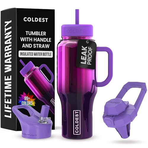 Coldest Tumbler with Handle and Straw - 100% Spill Proof Tumbler with Straw (3 Lids) - Stainless Steel Insulated Leakproof Tumblers for Women & Men - Cup Holder Friendly - 36 oz (Purple Nova) - color: Purple Nova, size: 36 oz