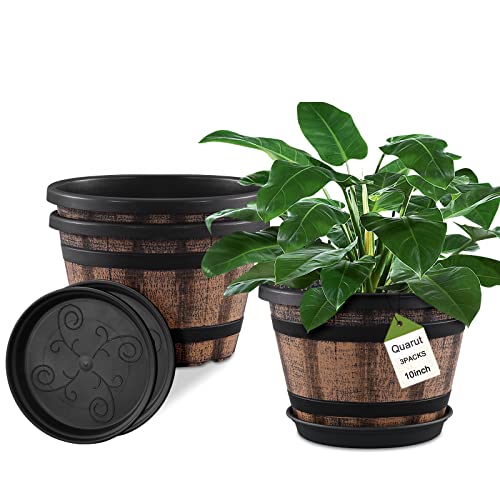 Quarut 3 Pack 10 inch Plant Pots,Whiskey Barrel Planters with Drainage Holes & Saucer, Plastic Decoration Flower Pots Imitation Wine Barrel Design, for Indoor & Outdoor Garden Home Plants (Brown) - size: 10 inches