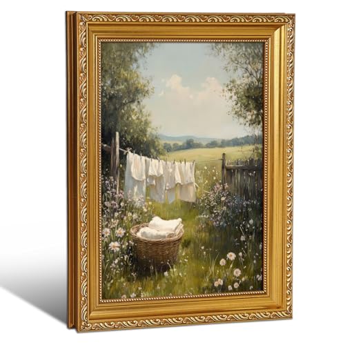 MHUNFDHNOLZ Gold Vintage Frame Laundry Wall Art - Cottagecore Farmhouse Country Canvas Print for Laundry Room Bathroom Washroom, 12x16 Inch - color: Framed-Clothesline, size: 12"L x 16"W
