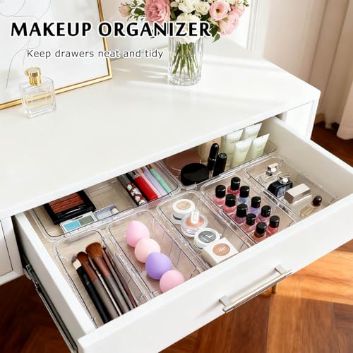 15 Pcs Extendable Drawer Organizer Tray, Adjustable Drawer Storage Bin | 2-size Clear Acrylic Bathroom & Vanity Drawer Organizers for Makeup Cosmetic Kitchen Utensils, Dresser Desk Drawer Storage