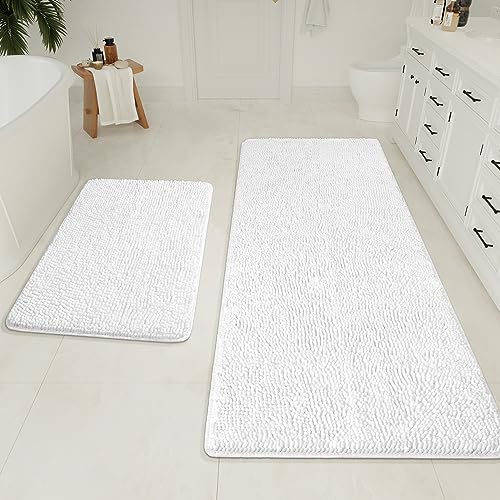 LOCHAS Bathroom Rugs Sets 2 Piece, Chenille Non Slip Bath Mat Set, White | Thick Absorbent Machine Washable Quick Dry Carpet for Bathroom Floor - color: White, size: 2' x 5' (Rectangular)
