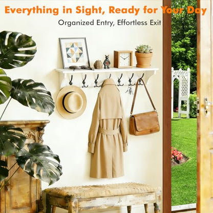 33" Coat Rack with Shelf Wall Mount, Pre-Assembled Solid Wood Coat Hooks with Shelf, Wall Coat Hanger with 7 Metal Triple-Hooks for Hanging Hat, Key,Clothes,Towel, for Entryway,Bedroom,Bathroom, White - color: White