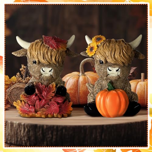 Wesiti 2 Pcs Fall Highland Cow Figurines Decor, Pumpkin Maple Leaf | Autumn Gnomes, Scottish Resin Statue, Calf Lovers Gifts for Thanksgiving, Home Garden Kitchen Office Table Shelf Tiered Tray - style: Fall
