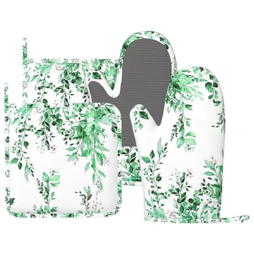 Green Eucalyptus Oven Mitts and Pot Holders Set, 4pcs Silicone Watercolor Plant Leaves with Floral Oven Glove for Kitchen Heat Resistant Oven Mitts and Potholders Non-Slip for Cooking - color: Green