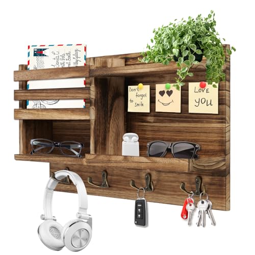 Key Holder Wall Mount, Solid Wood Key and Mail Organizer for Wall(Self Adhesive or Drill), 8 Hooks Key Rack for Entryway Hallway Bedroom Farmhouse Home Decor (Burnt Brown) - color: Burnt Brown