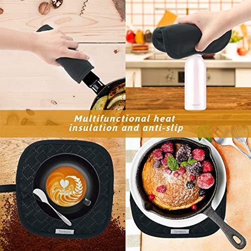 4Pcs Oven Mitts and Pot Holders Set, 572F Heat Resistant Oven Glove, Soft Cotton Lining with Non-Slip Surface for Kitchen Baking BBQ (Black) - color: Black