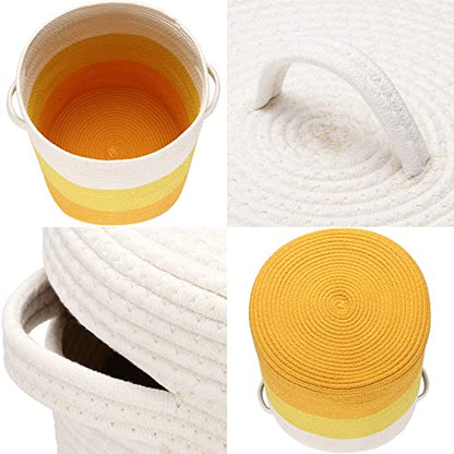 Sea Team Large Woven Cotton Rope Laundry Basket with Lid, 20 x 16 in | Collapsible Knitted Hamper with Handles, Lidded Closet Shelf Organizers for Clothing, Blankets, Toys, Bedding, Yellow - color: White & Yellow