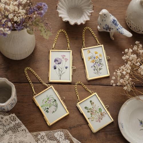 4 Pcs Pressed Flower Frame with Tweezers, Wall Hanging Tabletop Display Double Glass Frames with Metal Chain for Pressed Dried Flowers Plants, Horizontal and Vertical Picture Frame, Gold, FRAMES ONLY - color: Gold-4