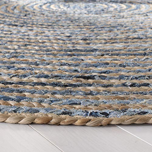SAFAVIEH Cape Cod Collection Area Rug - 7' Round, Natural & Blue, Handmade Flat Weave Jute, Ideal for High Traffic Areas in Living Room, Bedroom (CAP250A) - size: 7' (Round)