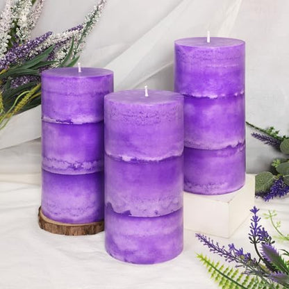 CRYSTAL CLUB Lavender Scented Pillar Candles, Set of 3 Tall 3x6 Inch Candles Rustic Purple, Clean Burning and Dripless Candle Lights, for Home Decor, Wedding, Party Decorations Lilac Candle | Clean Burning and Dripless Candle Lights, for Home Decor, Weddi