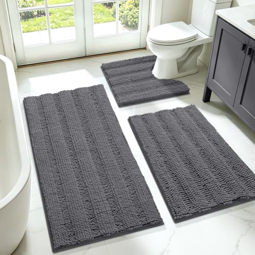 Striped Grey Bathroom Rug Set 3 Pieces Gray Ultra Soft, Non Slip Chenille Toilet Mat, Absorbent Plush Shaggy Bath Mats for Bathroom, Bedroom, Kitchen, Charcoal - color: Dark Gray, size: 2'8"x1'8"+2'×1'5"+U Shape 2'x1'8"