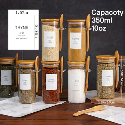 8 Pcs Glass Containers with Bamboo Lids and Spoons - 10 oz Sugar Container with 148 Kitchen Pantry Spice Jar Labels Preprinted - Glass Spice Jars with Wooden Lids Hold Coffee, Tea, Candy, Herbs - color: 10oz