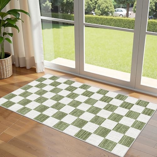 Front Door Mat Indoor Entrance - 2x4.3 Ft Green White Checkered Rug | Non-Slip Washable Doormat Outdoor Entrance Modern Runner Rug for Kitchen Hallway Bedroom Laundry Room Rug Front Porch Decor - color: Checkered - Green / White, size: 2' x 4'3" (Rectangu