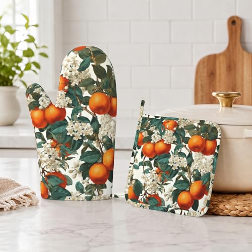 Oranges Leaves Oven Mitts and Pot Holders Sets White Flowers Silicone Heat Resistant Kitchen Oven Gloves Pot Holder for Cooking Baking Grilling BBQ - color: Oranges Leaves