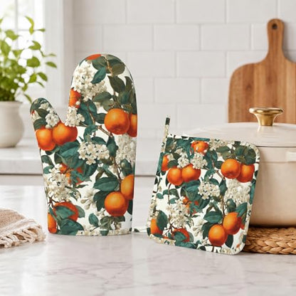 Oranges Leaves Oven Mitts and Pot Holders Sets White Flowers Silicone Heat Resistant Kitchen Oven Gloves Pot Holder for Cooking Baking Grilling BBQ - color: Oranges Leaves