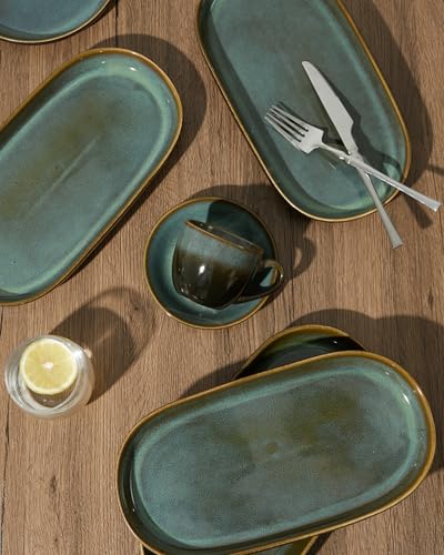 12" Deep Serving Platters, Stoneware Party Tray Set for Entertaining, Microwave Safe Large Platter for Fruit/Cheese/Cookie/Sushi/Appetizer, Ceramic Serving Trays Plates of 4, Aurora Green - size: Deep