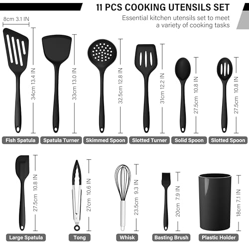 HaWare 11 PCS Silicone Cooking Utensils Set, Black | Heat Resistant, Kitchen Utensils with Holder, Food-grade Spatula Sets for Nonstick Cookware, Include Fish Turner, Spoon - color: Black