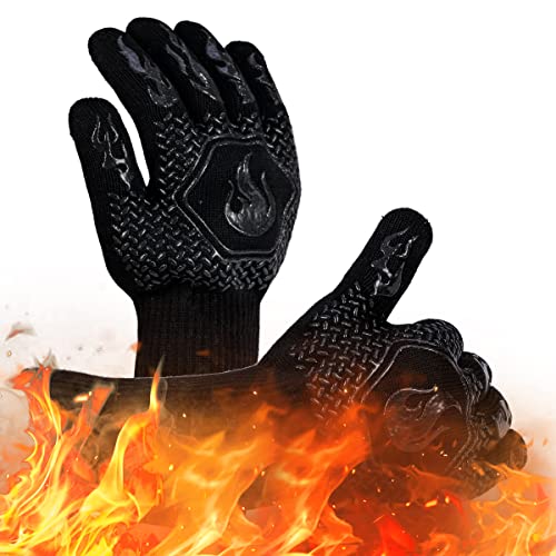 BBQ Gloves 1472F Heat Resistant Non-Slip Silicone 13.5in (Black) | Grill Cut-Resistant, Oven Kitchen Safe for Barbecue, Cooking, Frying - color: Black