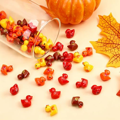 JUNEBRUSHS 50Pcs Fall Mini Resin Ducks Thanksgiving Miniature Figures | Autumn Ducks with Pumpkin,Acorn,Maple Leaf Designs,for DIY Crafts,Dollhouse Decor, Party Favor Gifts - style: Autumn Duck Style