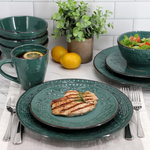Elama Malibu Sea Glass 16-Piece Stoneware Embossed Pattern Reactive Glaze Dark Green Dinnerware Set, Tableware, Serveware Set (Sea Glass Green) - color: Sea Glass Green
