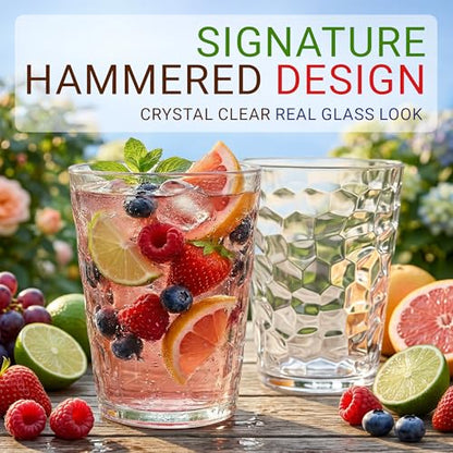 Bravario Hammered Plastic Drinking Glasses - Short Clear Plastic Cups Reusable Set of 6, Thick 16oz Dishwasher Safe Durable Stackable Water Tumblers, BPA-Free - size: Short - Set of 6