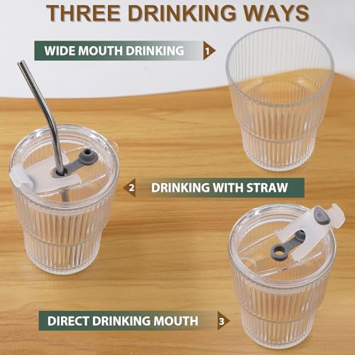 13 OZ Glass Cups with Lids and Straws, Iced Coffee Cups with Lids, Clear Ribbed Glassware for Coffee Smoothie Cocktail Ice Tea, Glass Tumbler with Straw and Lid, Set of 4