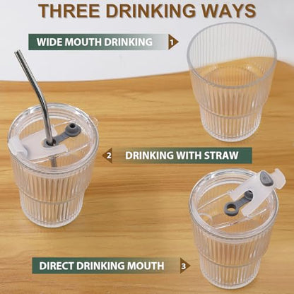 13 OZ Glass Cups with Lids and Straws, Iced Coffee Cups with Lids, Clear Ribbed Glassware for Coffee Smoothie Cocktail Ice Tea, Glass Tumbler with Straw and Lid, Set of 4