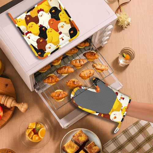 Funny Cartoon Chicken Oven Mitts and Pot Holders Sets Silicone Kitchen Mitts Potholders Heat Resistant Oven Gloves Hot Pads for Kitchen Baking Cooking - color: Funny Cartoon Chicken