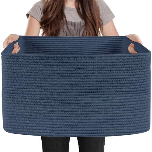 Extra Large Rectangle Storage Basket, 23.6" x 17" x 12" Dark Blue Blanket Storage for Living Room, Large Woven Cotton Rope Storage Box, Soft Kids Toy Basket Organizer Bin, Big Wicker Basket - color: Dark Blue, size: 23.6"x17"x12
