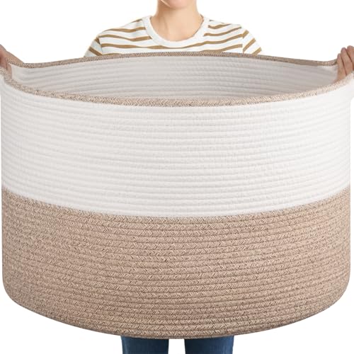 OIASKET XXL Large Blanket Basket with Handles, 105L Woven Storage Basket for Living Room, Cotton Rope Baby Toy Storage for Clothes, Pillows, Towels-Brown & White - color: Brown & White, size: 105L