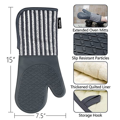 Alselo Silicone Oven Mitts Heat Resistant 932℉ with Waterproof & Non-Slip | Kitchen Mittens Set of 2,Extra Long 7.5"x15" Oven Gloves with Soft Cotton Terry Lining for Baking Cooking BBQ(Grey,2) - color: Gray