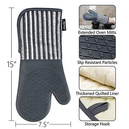 Alselo Silicone Oven Mitts Heat Resistant 932℉ with Waterproof & Non-Slip | Kitchen Mittens Set of 2,Extra Long 7.5"x15" Oven Gloves with Soft Cotton Terry Lining for Baking Cooking BBQ(Grey,2) - color: Gray