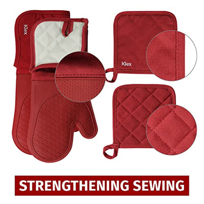 Klex Extra Long Silicone Oven Mitts and Pot Holders, 932°F Degrees Heat Resistance with Quilted Liner Oven Gloves and Hot Pads, 4 Piece Set, 15 inch, Red