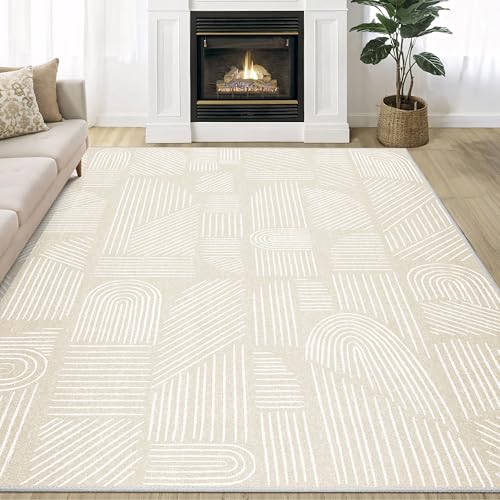 5x7 Area Rugs Washable Low Pile Non Slip Mid Century Modern Large | Machine Washable Throw Carpet for Living Room Bedroom Office Dining Room Indoor Boho Abstract Neutral Beige and White - color: Beige and White, size: 5' x 7' (Rectangular)