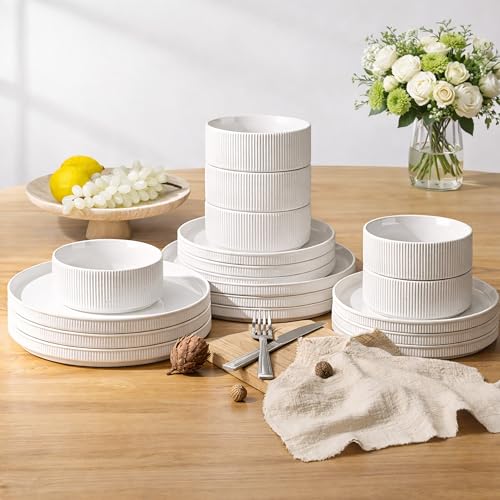 GBHOME Stoneware Dinnerware Sets for 4, 12 Pieces Plates and Bowls Set | Lightweight Ceramic Ribbed Dishes, Reactive Glaze Stackable Plate Set, Scratch Resistant, Microwave & Dishwasher Safe,White - color: White