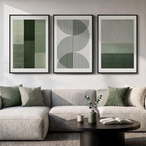 Large Framed Sage Green Abstract Wall Art for Living Room, 3 Piece 24x36 In | Minimalist geometric pictures, Canvas prints, Modern paintings, Artwork for walls, Wall decor for hallway dining room bedroom - color: Forest Green, size: 24" W x 36" H x 3pcs