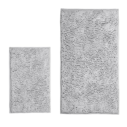 Light Gray 2 Pieces Bathroom Rugs, Ultra Soft Non Slip Absorbent Chenille Toilet Bath Mat Set Rugs for Slip-Resistant Shag Extra and Rug Shower Room Machine-Washable (Light gray, 20"x32"+17"x24") - color: Light Gray, size: 20"x32"+17"x24"