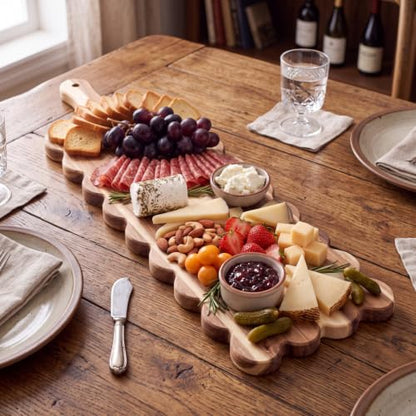 24"x 8" Long Scalloped Charcuterie Board Large Acacia Wooden Cheese Board with Handle & Rope Hanger Decorative Serving Platter for Snacks Appetizers, Housewarming & Entertaining Gift - size: 24"x8"