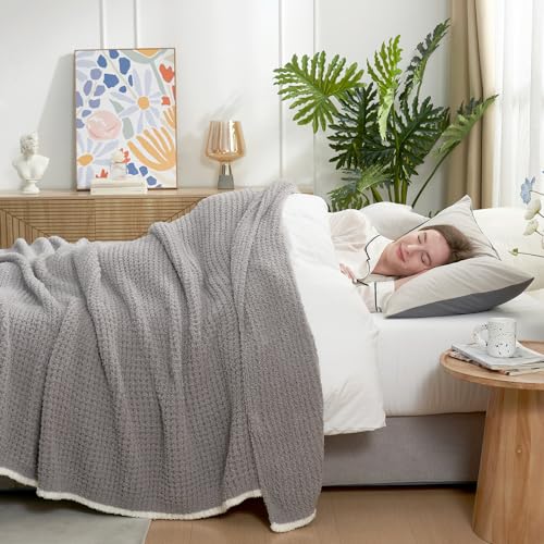 Snuggle Sac Soft Waffle Blanket, Grey Bedding Blankets Queen Size 90x90 inches, Reversible Microfiber Fluffy Fuzzy Grey Blanket Cozy Knit Blanket for Women Mothers Birthday Gifts - color: Waffle Medium Grey, size: Queen(90"x90")