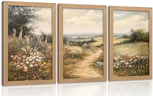 Framed Country Wildflower Wall Art Set, Flower Field Meadow Oil Painting Canvas Prints, French Rustic Natural Wildflower Wall Decor, Cottagecore Plant Poster Artwork for Living Room Bedroom Office - color: Wildflower Path, size: 24"Lx16"W
