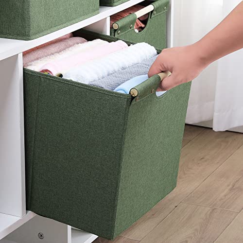 HOONEX Large Collapsible Storage Bins, Linen Fabric, Pack of 2, Storage Baskets with Wooden Carry Handles and Sturdy Heavy Cardboard, for Home, Office, Car, Nursery, Olive - color: Olive